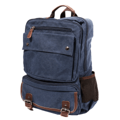 水洗帆布方格多袋後背包 / 筆電包【C8676】(深藍色)